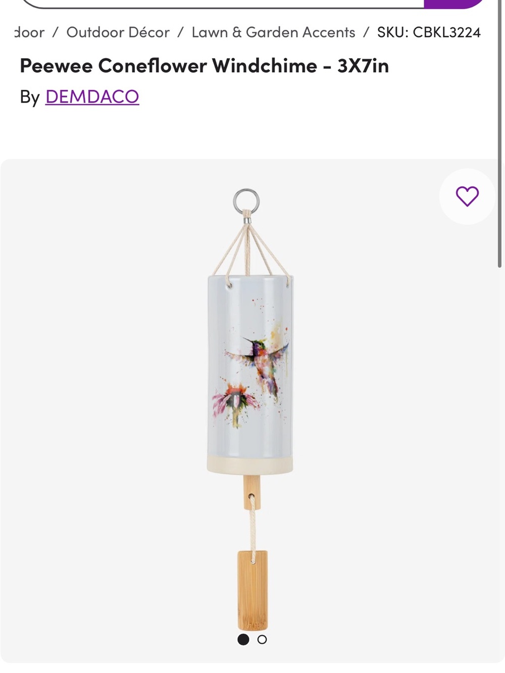 Demdaco White Hummingbird Coneflower Wind Chime